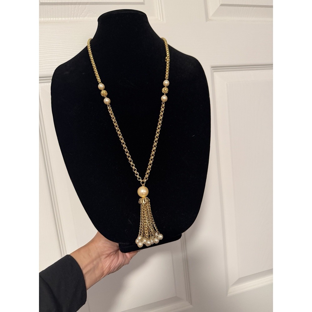 Vintage Gold‎ Toned Faux Pearl Tassel 80s Old Money Chain Necklace